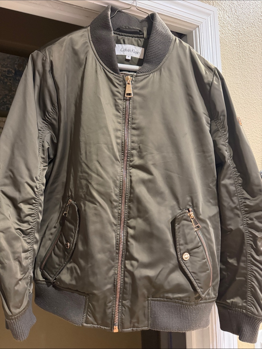NWT Calvin Klein Olive Green Bomber Jacket with Gold Zipper